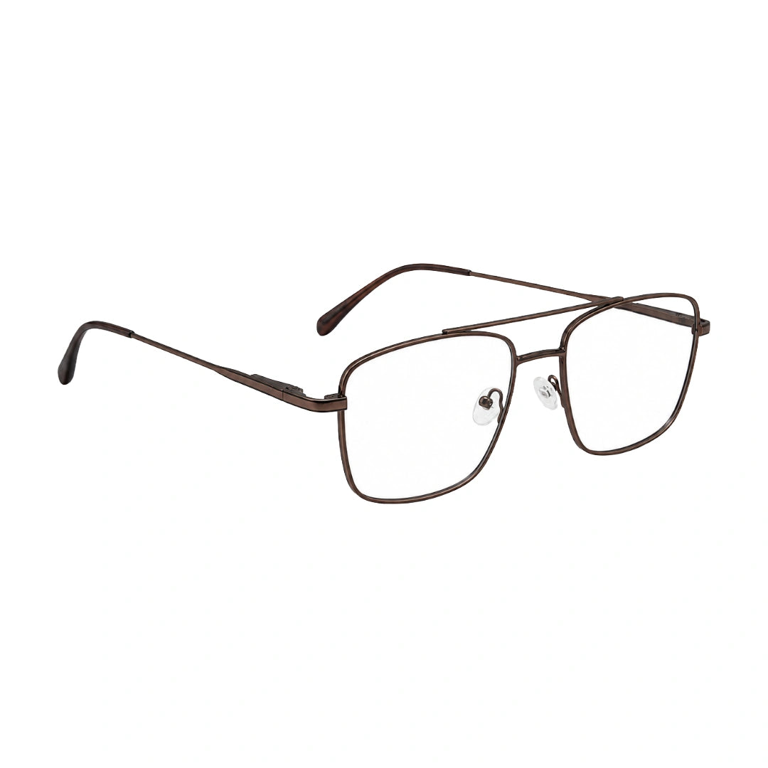 OS PrismX 75111 double bridge square metal eyeglasses in brown, angled view