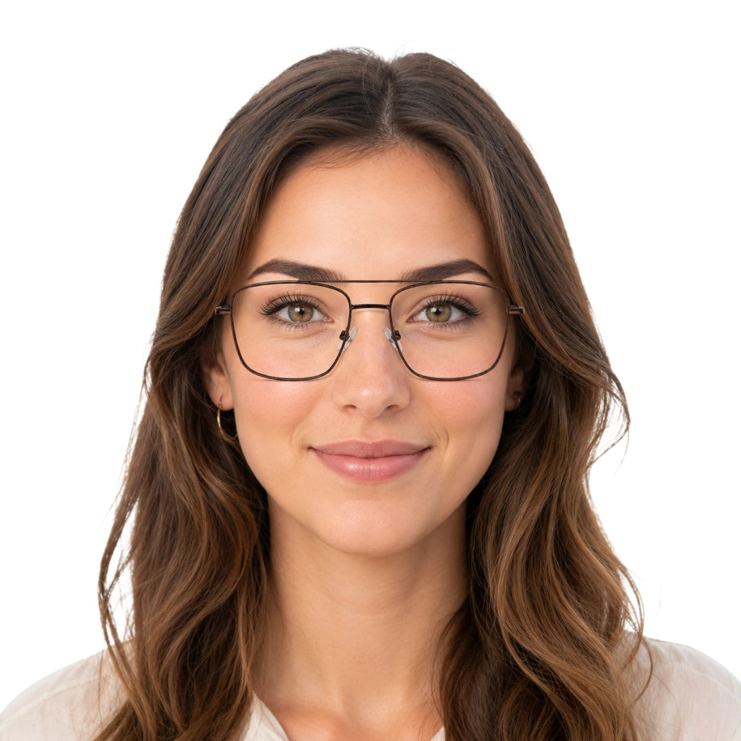 Woman wearing OS PrismX 75111 double bridge square metal eyeglasses in brown