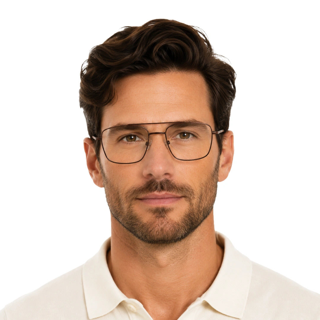 Man wearing OS PrismX 75111 double bridge square metal eyeglasses in brown