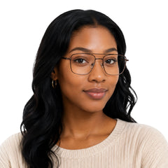 Woman wearing OS PrismX 75111 double bridge square metal eyeglasses in brown, front view