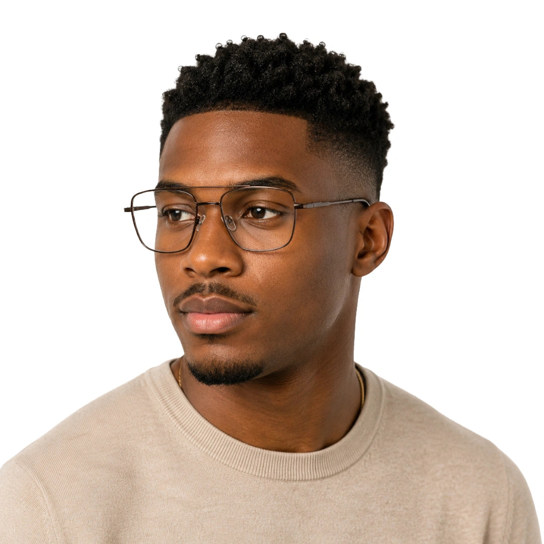 Man wearing OS PrismX 75111 double bridge square metal eyeglasses in brown, front view