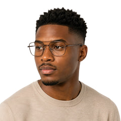Man wearing OS PrismX 75111 double bridge square metal eyeglasses in brown, front view