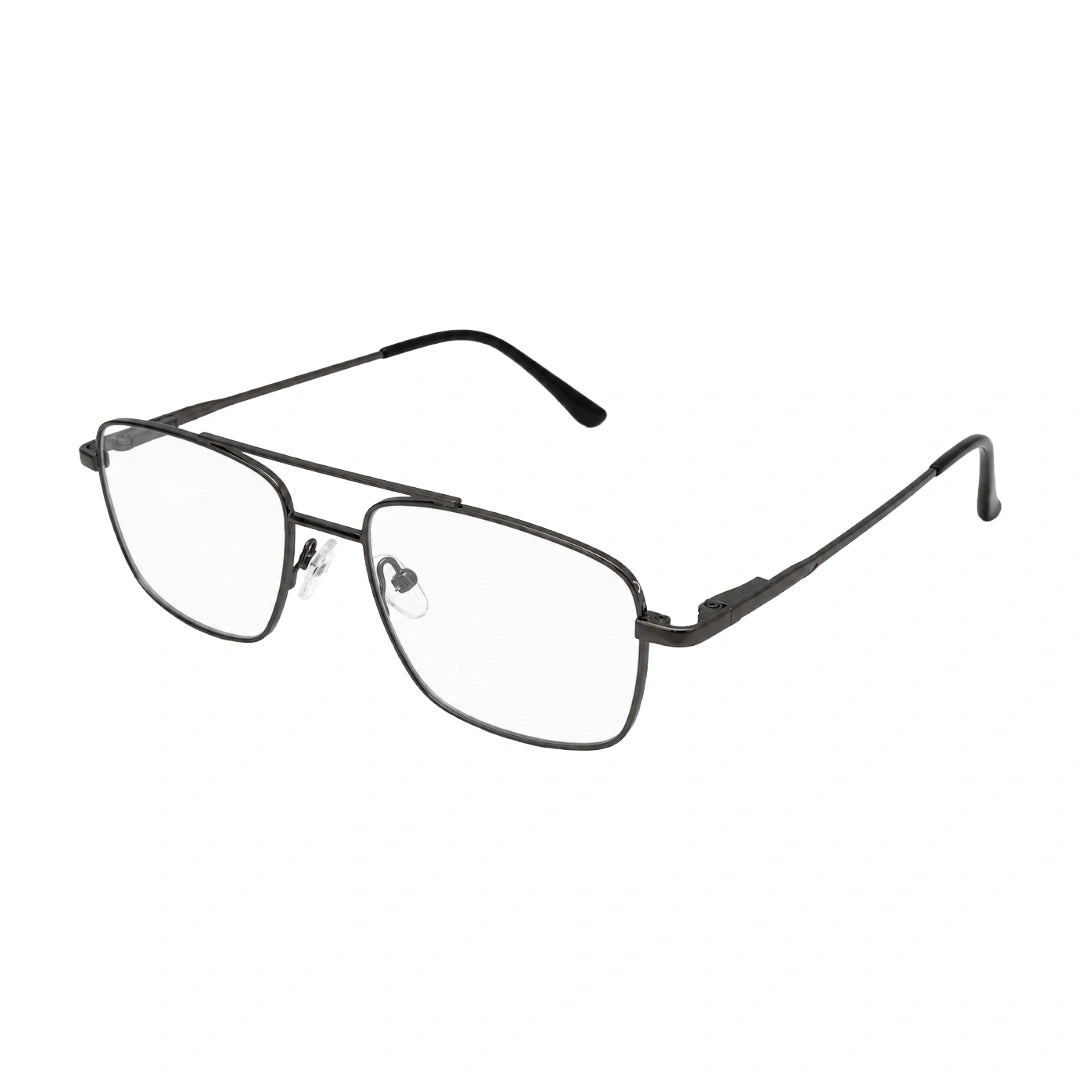 OS PrismX 75111 double bridge square metal eyeglasses in gunmetal, three-quarter angled view