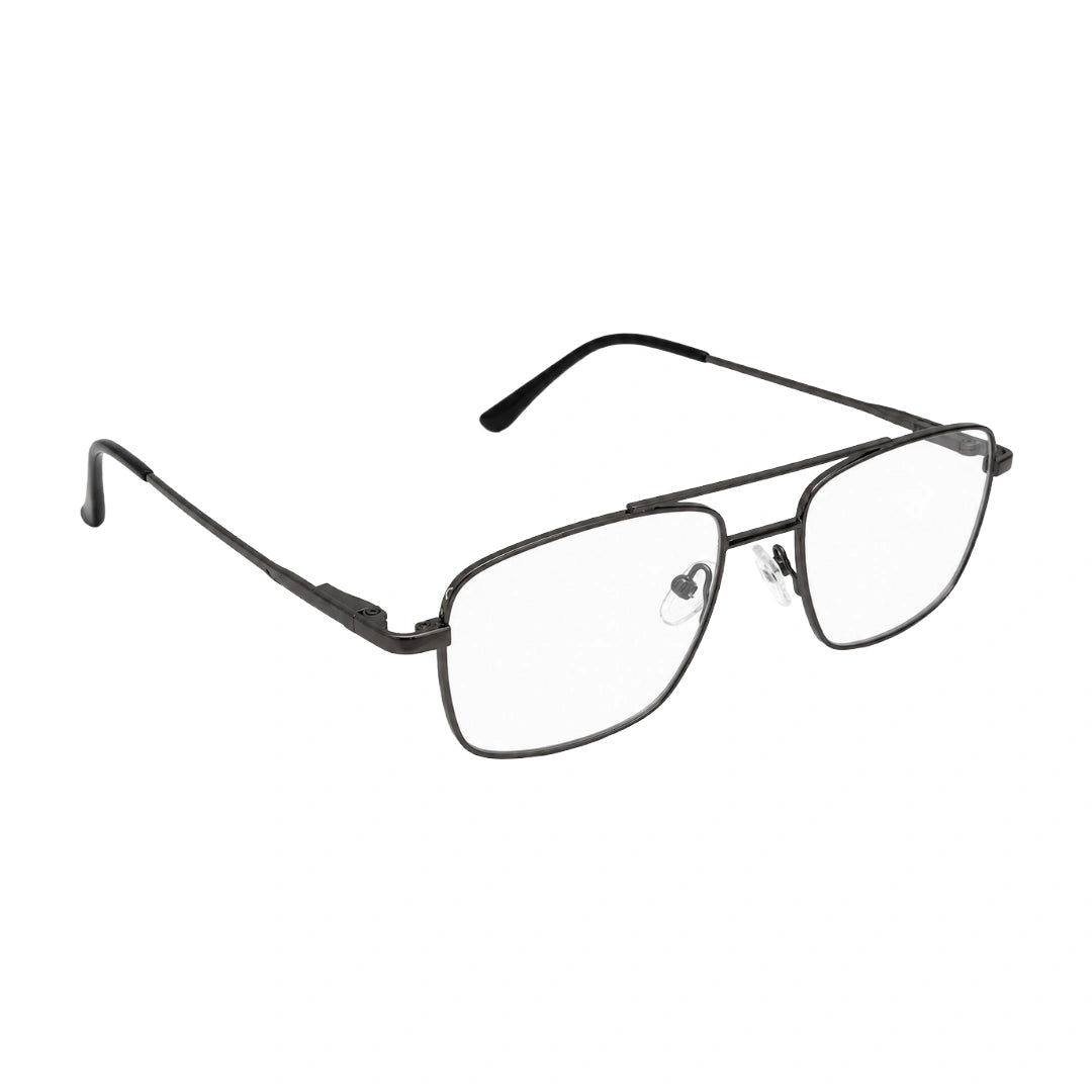 OS PrismX 75111 double bridge square metal eyeglasses in gunmetal, angled view
