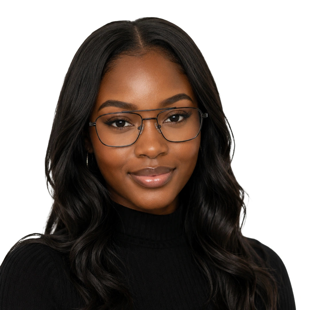Woman wearing OS PrismX 75111 double bridge square metal eyeglasses in gunmetal