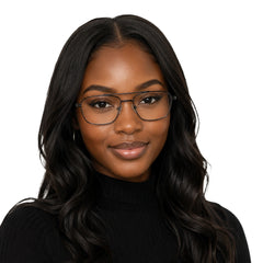 Woman wearing OS PrismX 75111 double bridge square metal eyeglasses in gunmetal