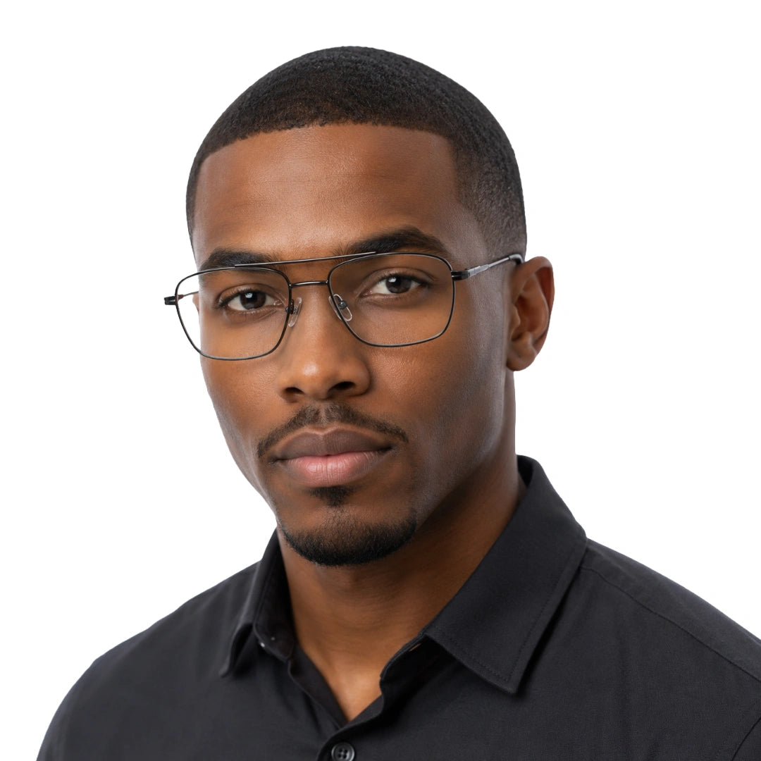 Man wearing OS PrismX 75111 double bridge square metal eyeglasses in gunmetal