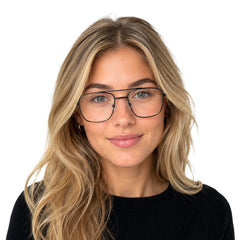 Woman wearing OS PrismX 75111 double bridge square metal eyeglasses in gunmetal, front view