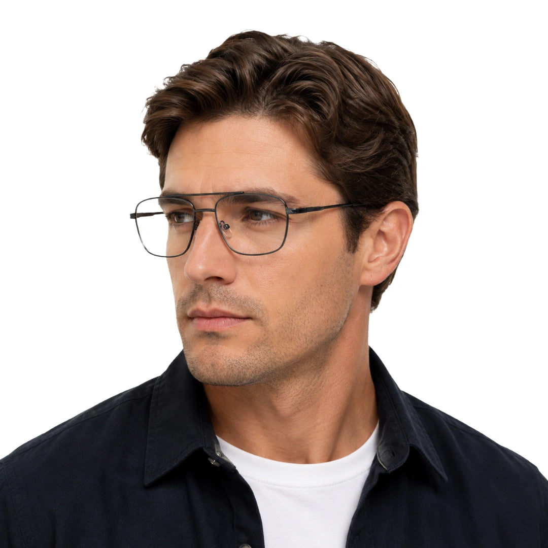 Man wearing OS PrismX 75111 double bridge square metal eyeglasses in gunmetal, front view