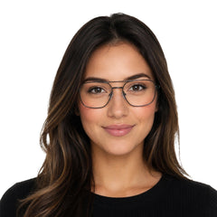 Woman wearing OS PrismX 75115 lightweight metal prescription eyeglasses in gunmetal