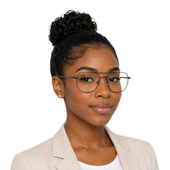 Woman wearing OS PrismX 75115 lightweight metal prescription eyeglasses in gunmetal, front view