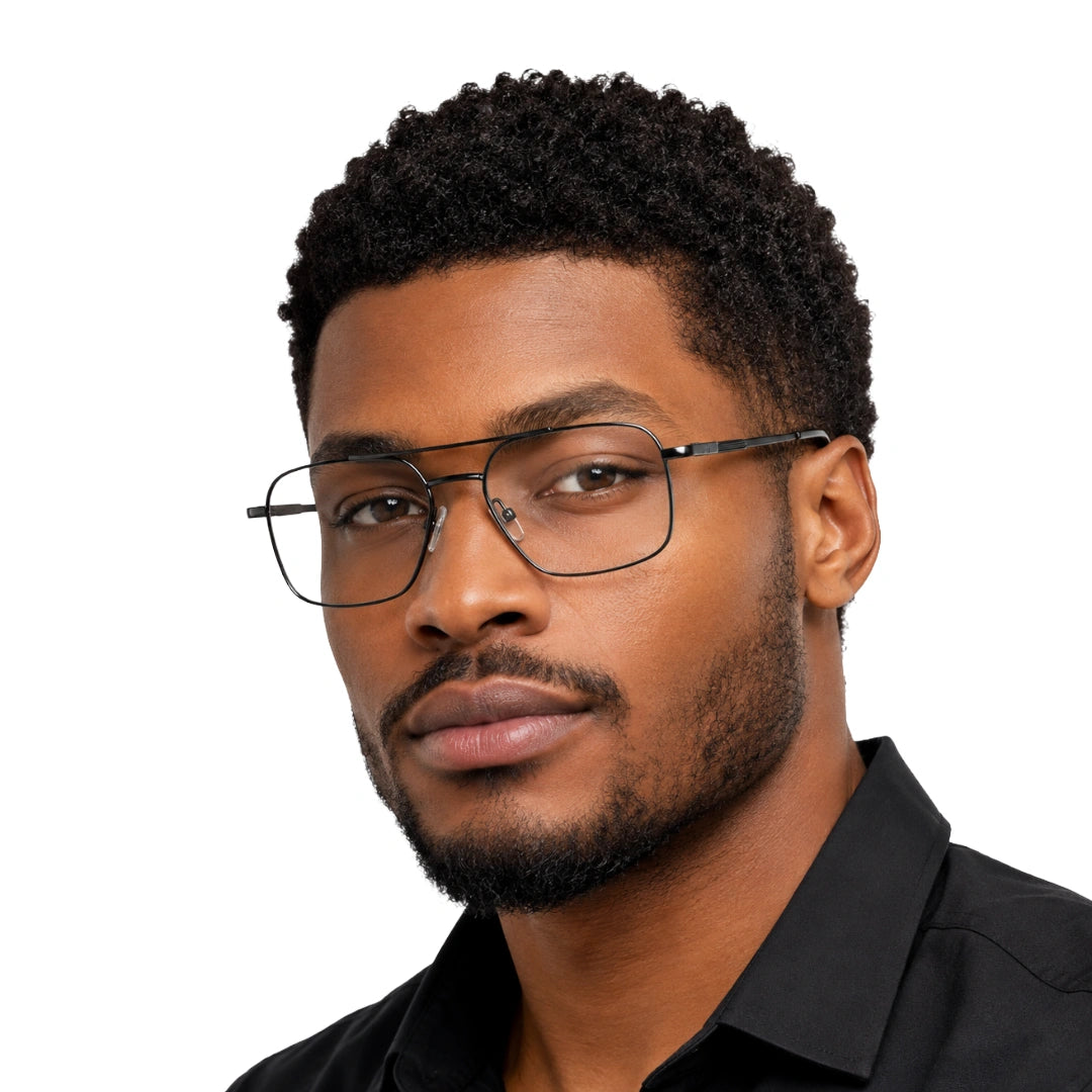 Man wearing OS PrismX 75115 lightweight metal prescription eyeglasses in gunmetal, front view