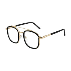 OS Slomga 31004 modern square double bridge eyeglasses in black and gold, three-quarter angled view