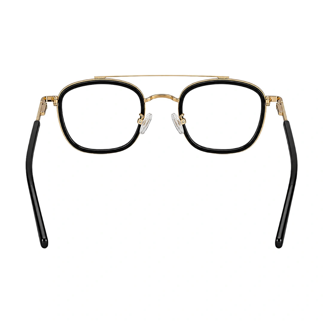 OS Slomga 31004 modern square double bridge eyeglasses in black and gold, rear view