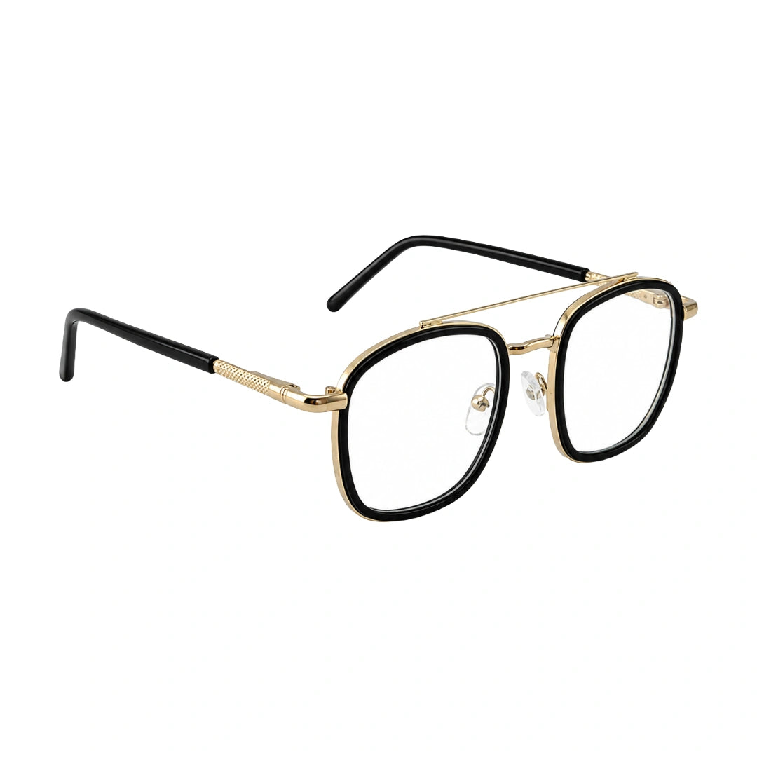 OS Slomga 31004 modern square double bridge eyeglasses in black and gold, angled view