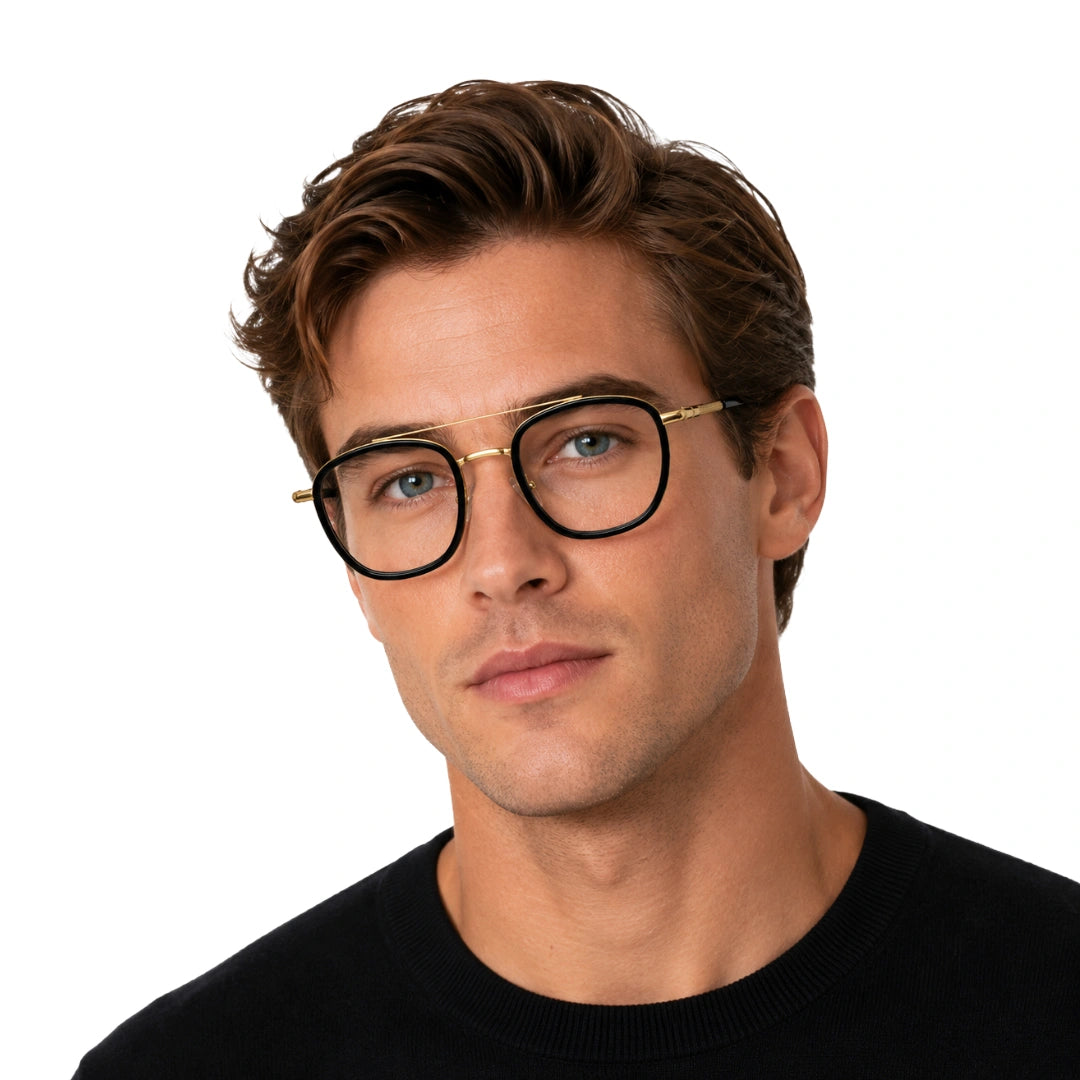 Man wearing OS Slomga 31004 modern square double bridge eyeglasses in black and gold