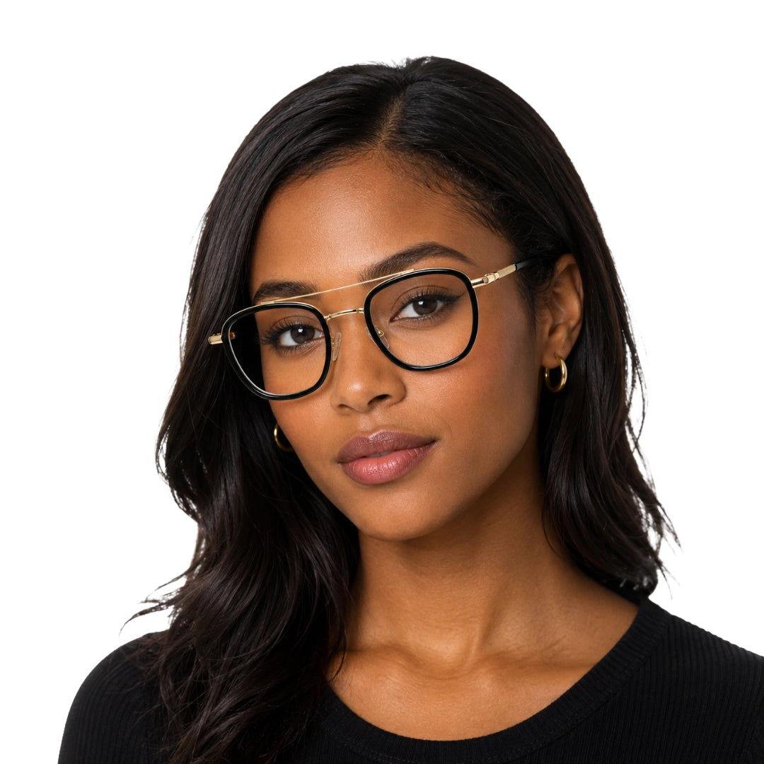 Woman wearing OS Slomga 31004 modern square double bridge eyeglasses in black and gold, front view