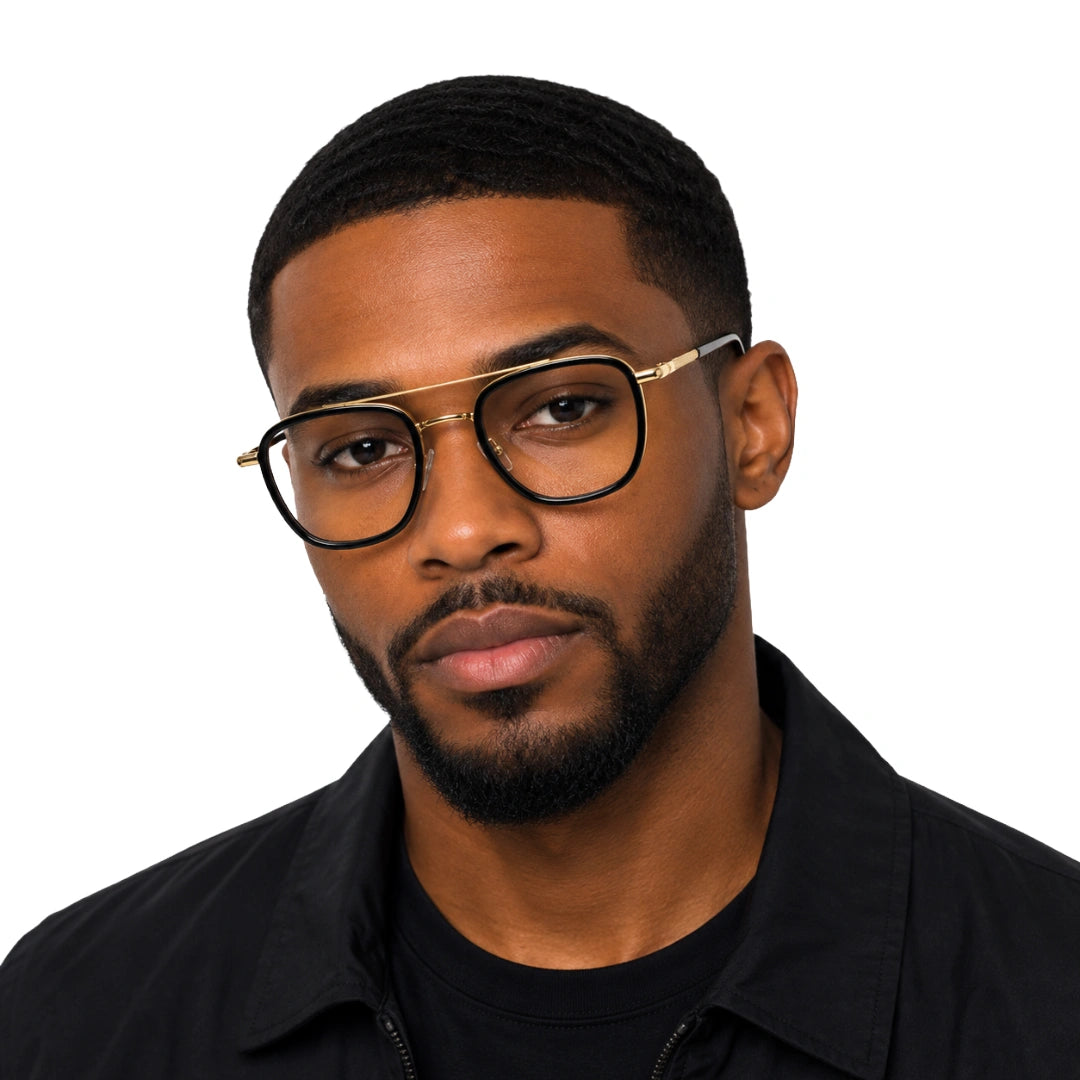 Man wearing OS Slomga 31004 modern square double bridge eyeglasses in black and gold, front view