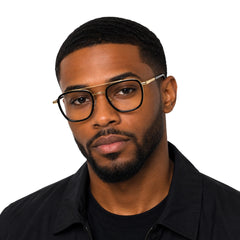 Man wearing OS Slomga 31004 modern square double bridge eyeglasses in black and gold, front view
