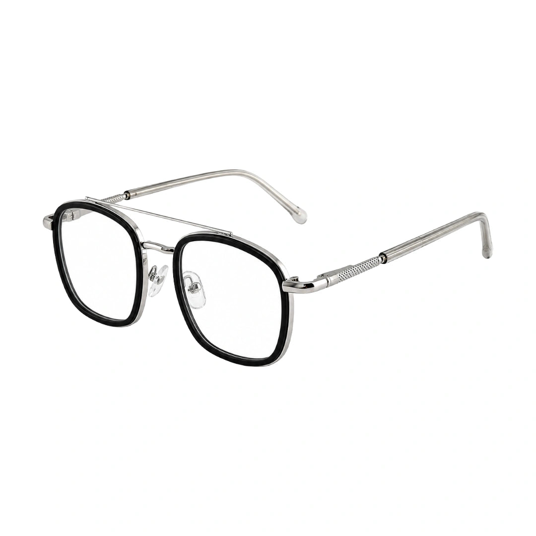 OS Slomga 31004 modern square double bridge eyeglasses in black and silver, three-quarter angled view