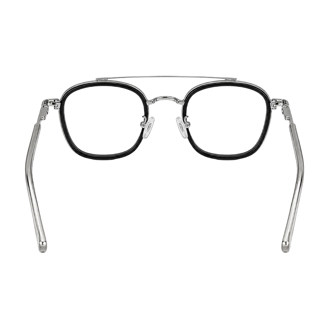 OS Slomga 31004 modern square double bridge eyeglasses in black and silver, rear view