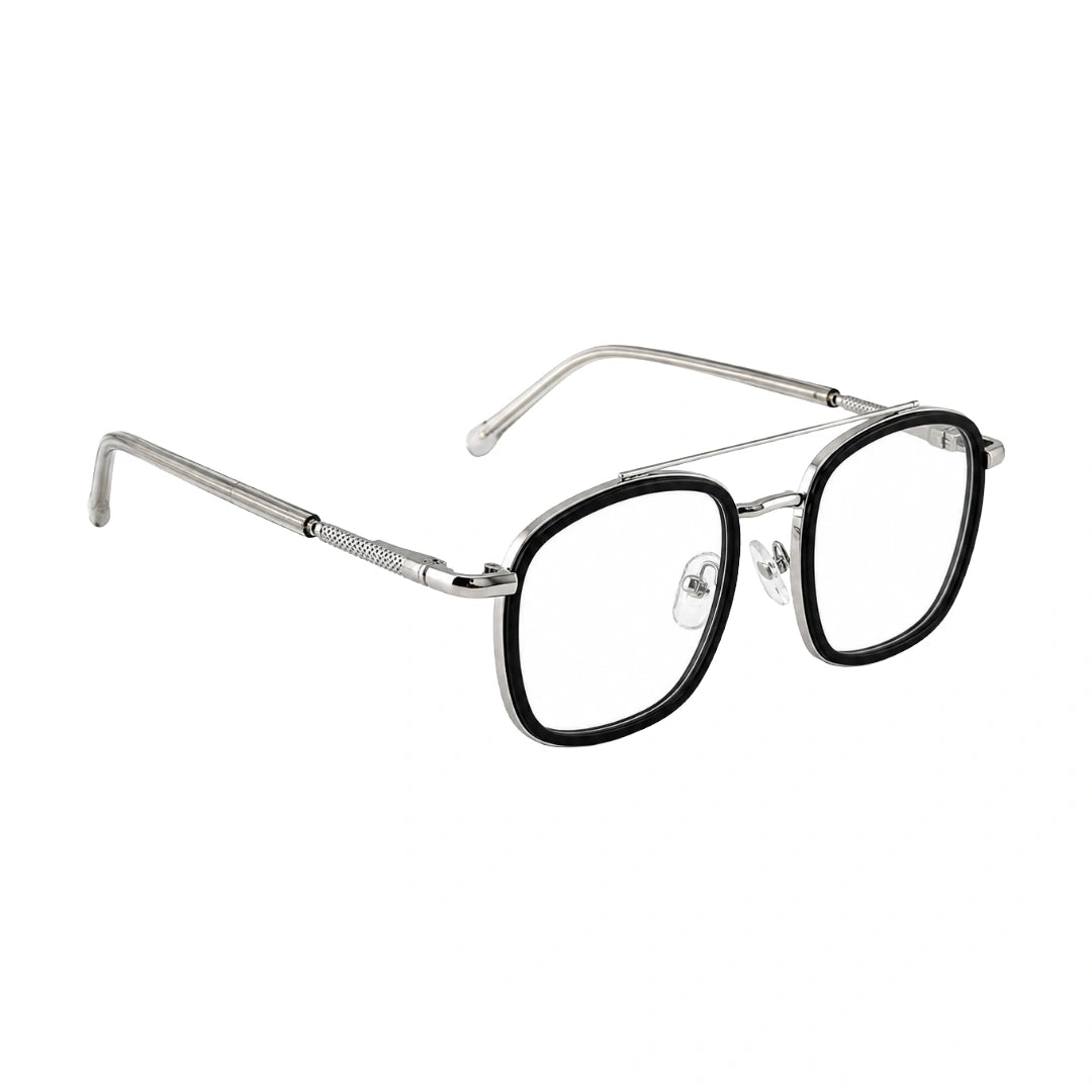 OS Slomga 31004 modern square double bridge eyeglasses in black and silver, angled view