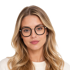 Woman wearing OS Slomga 31004 modern square double bridge eyeglasses in black and silver