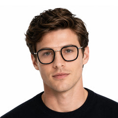 Man wearing OS Slomga 31004 modern square double bridge eyeglasses in black and silver