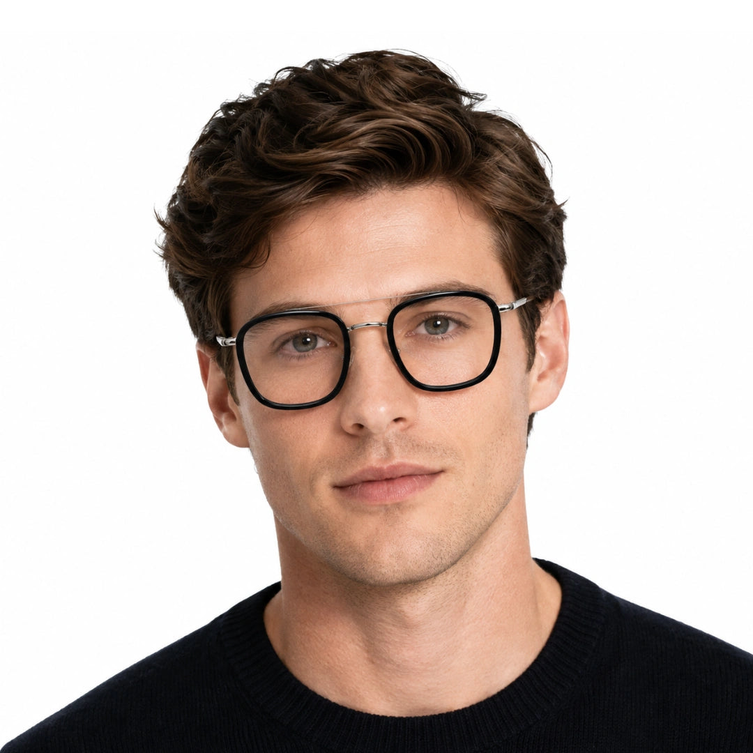 Man wearing OS Slomga 31004 modern square double bridge eyeglasses in black and silver