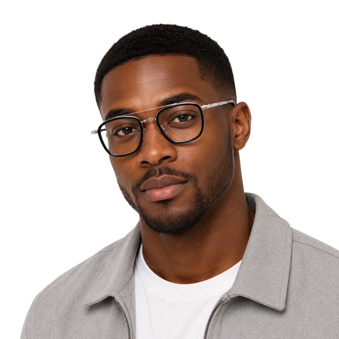 Man wearing OS Slomga 31004 modern square double bridge eyeglasses in black and silver, front view