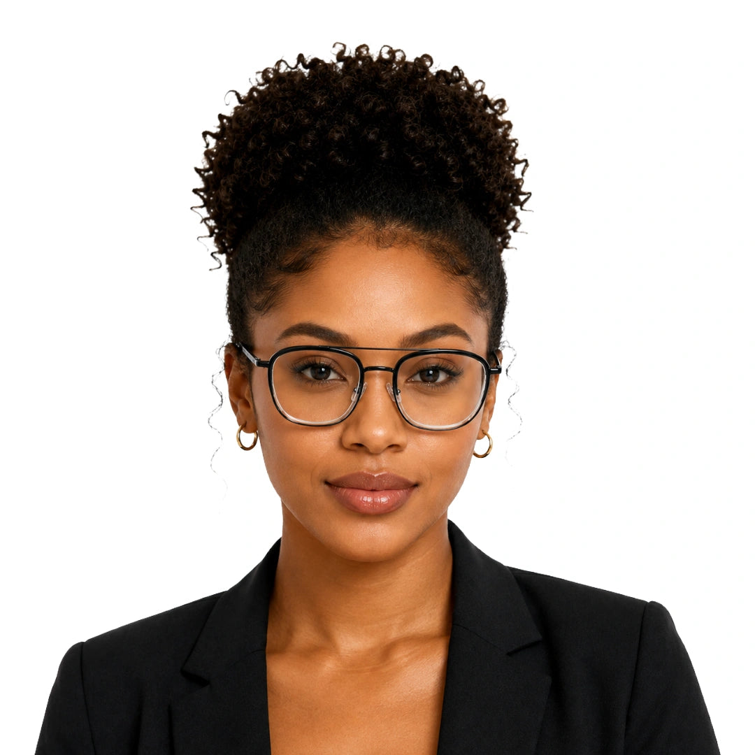 Woman wearing OS Slomga 31004 modern square double bridge eyeglasses in black and white