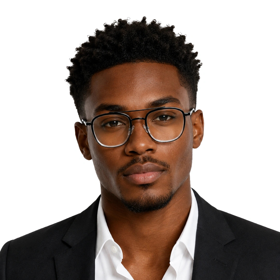 Man wearing OS Slomga 31004 modern square double bridge eyeglasses in black and white