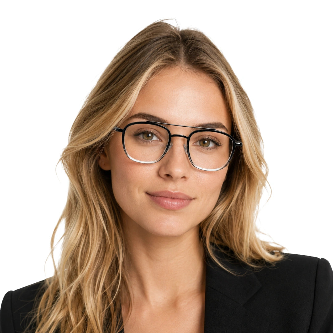 Woman wearing OS Slomga 31004 modern square double bridge eyeglasses in black and white, front view