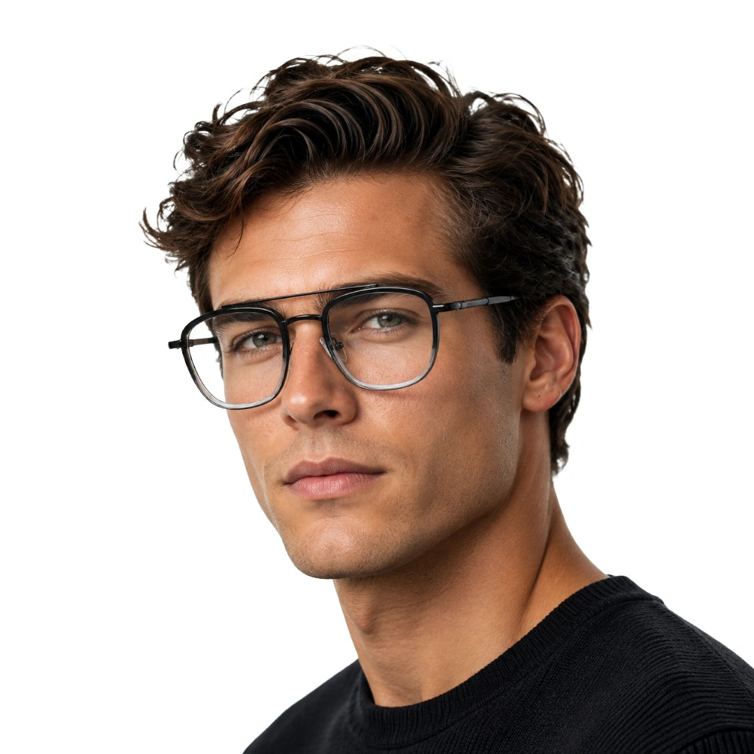 Man wearing OS Slomga 31004 modern square double bridge eyeglasses in black and white, front view