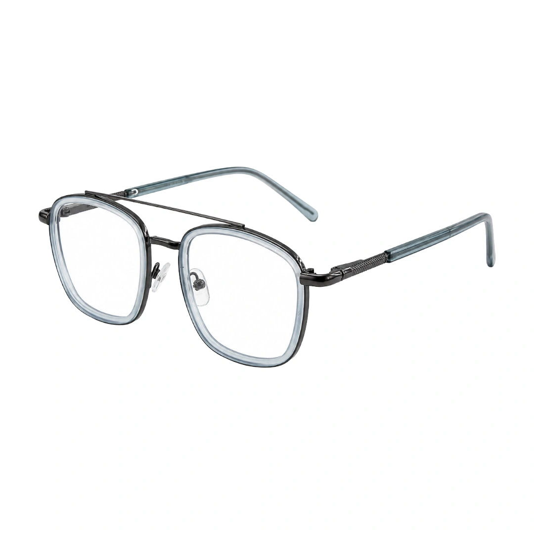 OS Slomga 31004 modern square double bridge eyeglasses in blue and gunmetal, three-quarter angled view