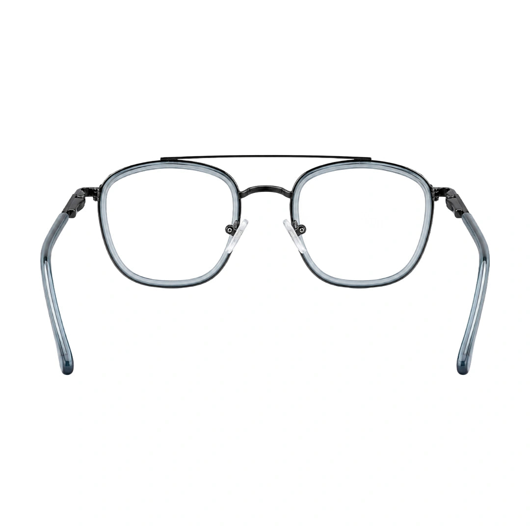 OS Slomga 31004 modern square double bridge eyeglasses in blue and gunmetal, rear view