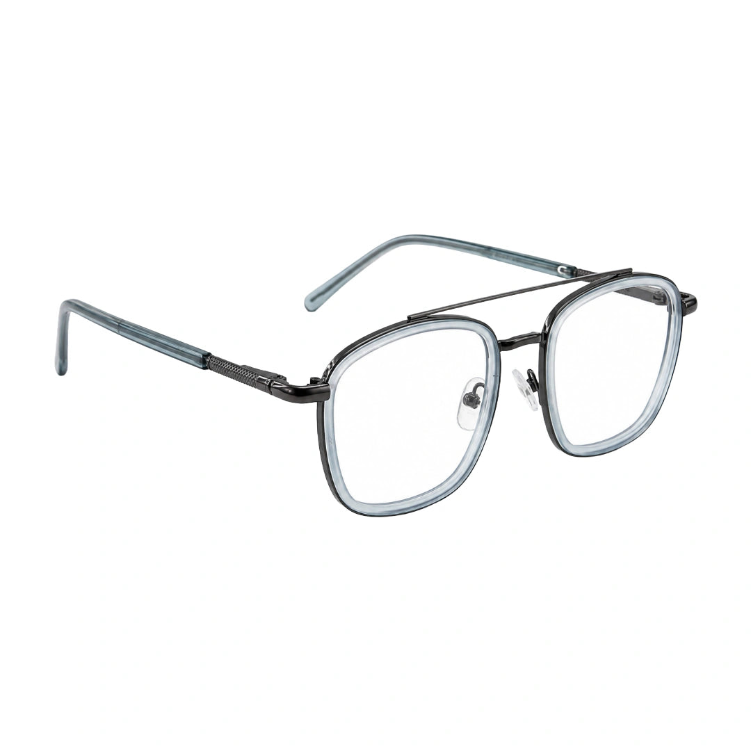 OS Slomga 31004 modern square double bridge eyeglasses in blue and gunmetal, angled view