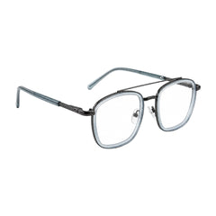 OS Slomga 31004 modern square double bridge eyeglasses in blue and gunmetal, angled view
