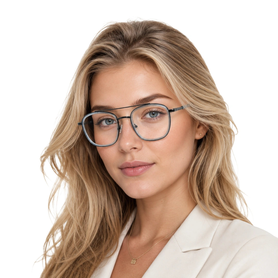 Woman wearing OS Slomga 31004 modern square double bridge eyeglasses in blue and gunmetal