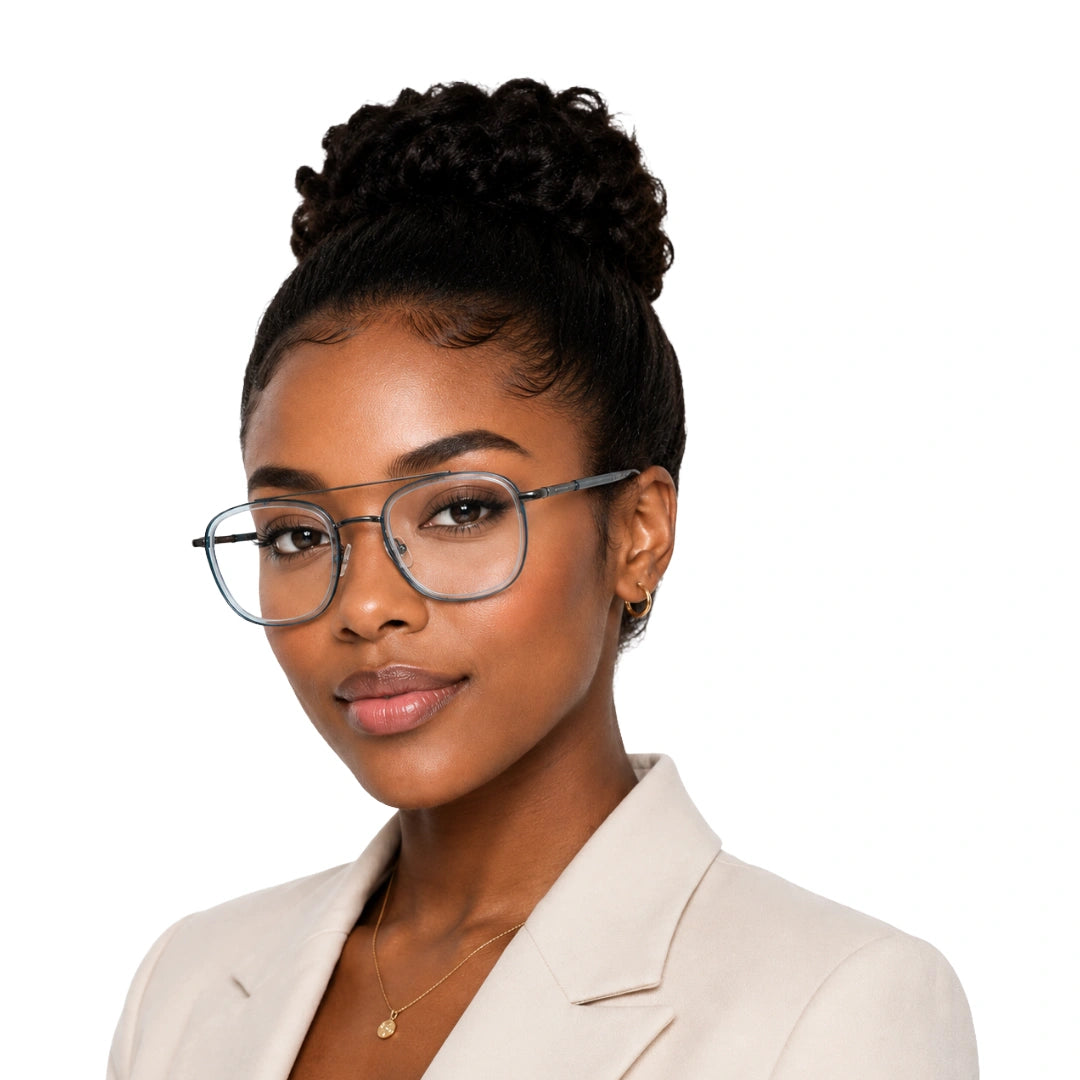 Woman wearing OS Slomga 31004 modern square double bridge eyeglasses in blue and gunmetal, front view