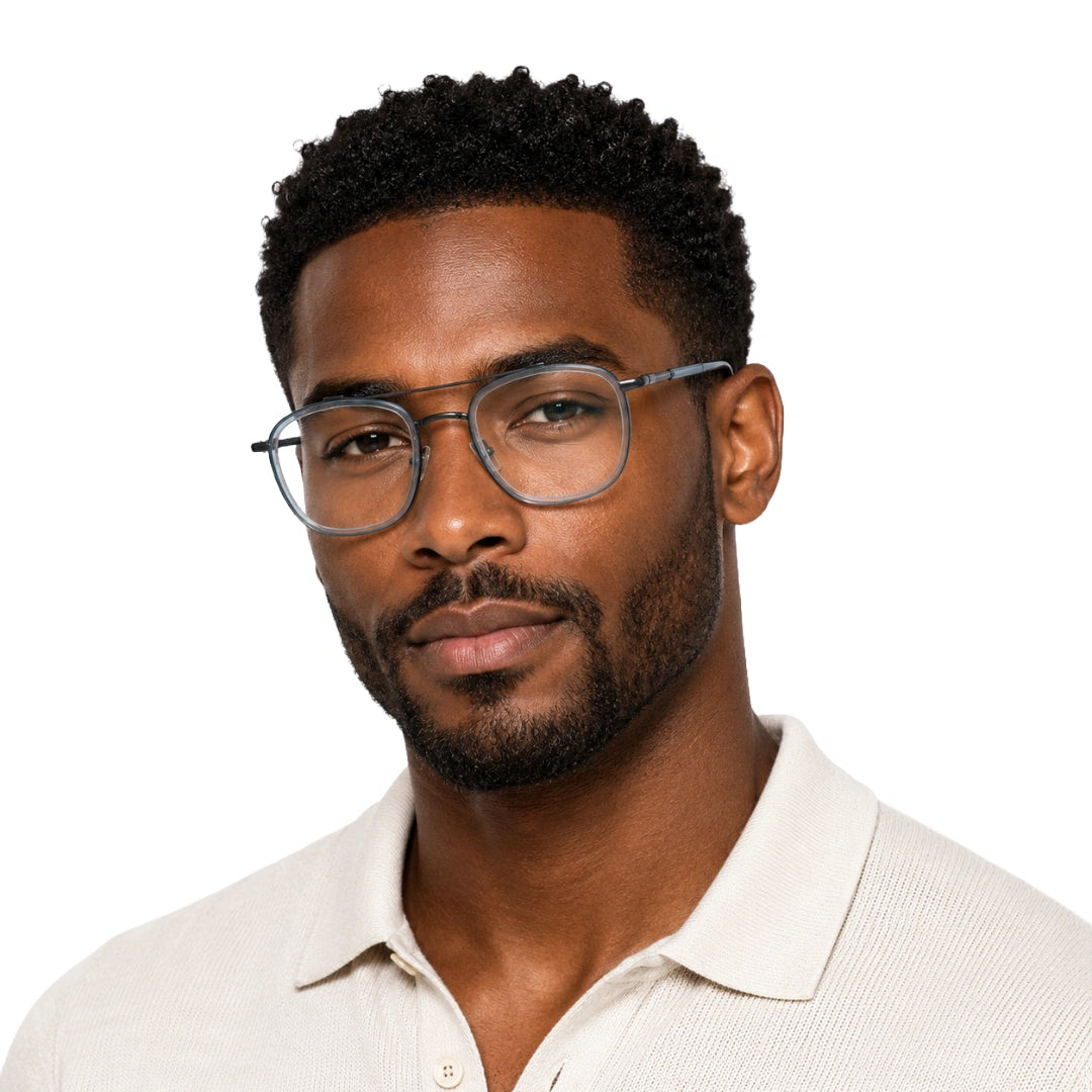 Man wearing OS Slomga 31004 modern square double bridge eyeglasses in blue and gunmetal, front view