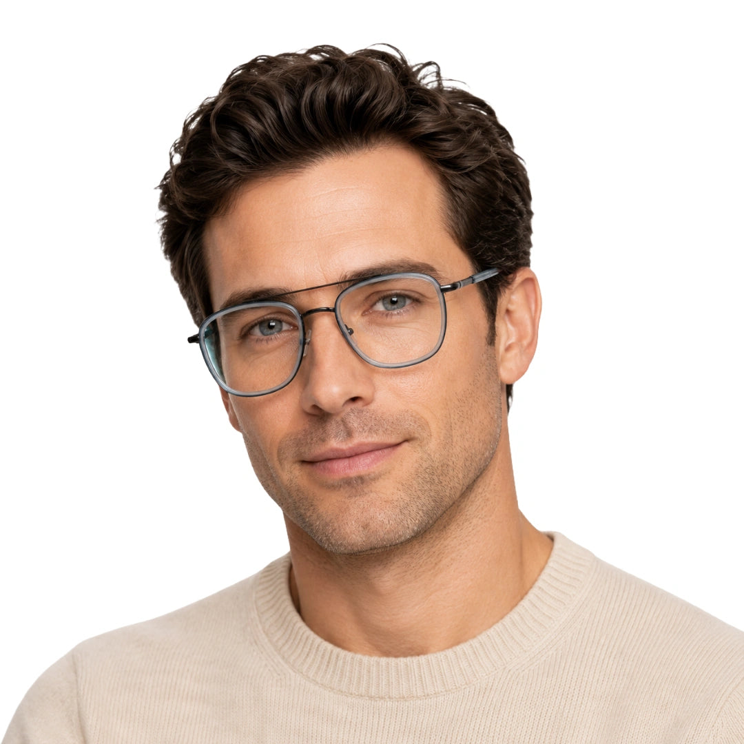 OS Slomga 31004 modern square double bridge eyeglasses in blue and gunmetal