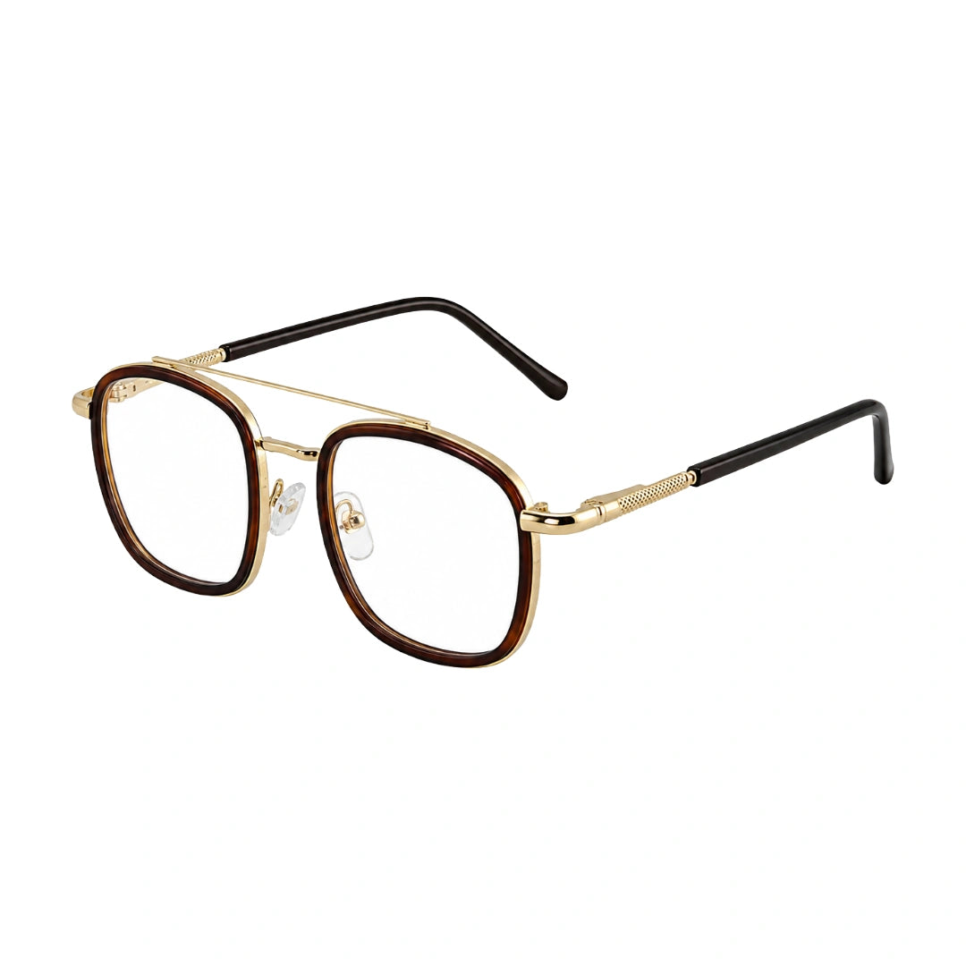 OS Slomga 31004 modern square double bridge eyeglasses in brown and gold, three-quarter angled view