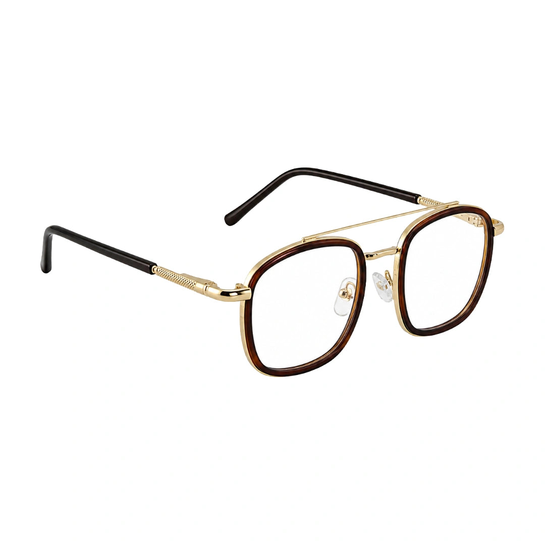 OS Slomga 31004 modern square double bridge eyeglasses in brown and gold, angled view