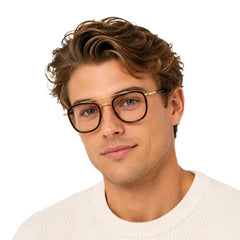 Man wearing OS Slomga 31004 modern square double bridge eyeglasses in brown and gold