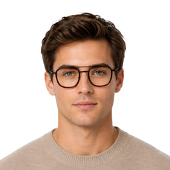 Man wearing OS Slomga 31004 modern square double bridge eyeglasses in brown