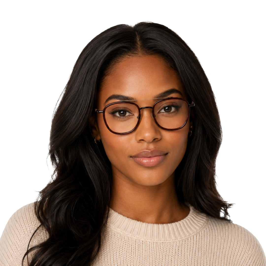 Woman wearing OS Slomga 31004 modern square double bridge eyeglasses in brown, front view