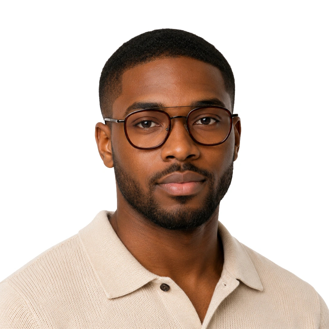 Man wearing OS Slomga 31004 modern square double bridge eyeglasses in brown, front view