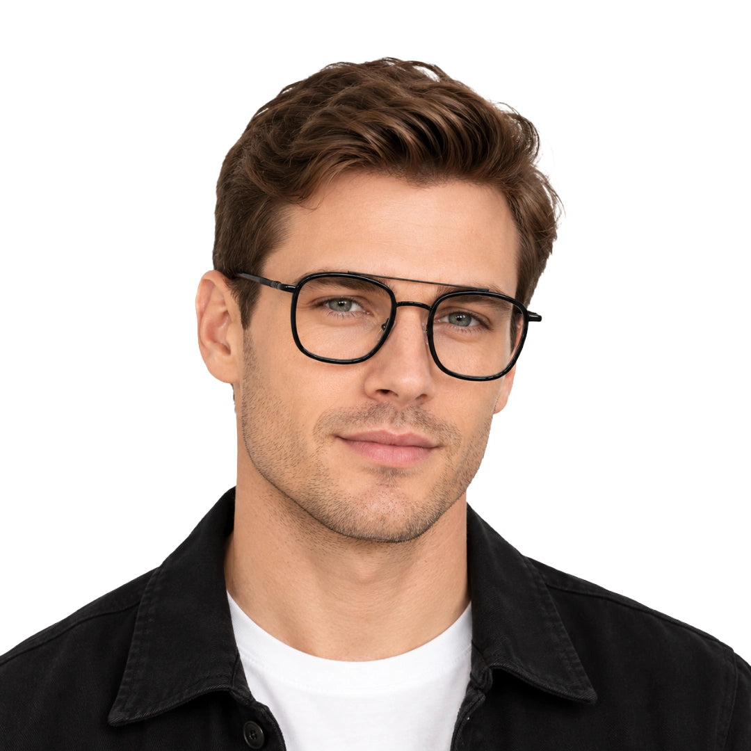 Man wearing OS Slomga 31004 modern square double bridge eyeglasses in glossy black