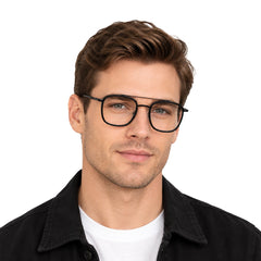 Man wearing OS Slomga 31004 modern square double bridge eyeglasses in glossy black
